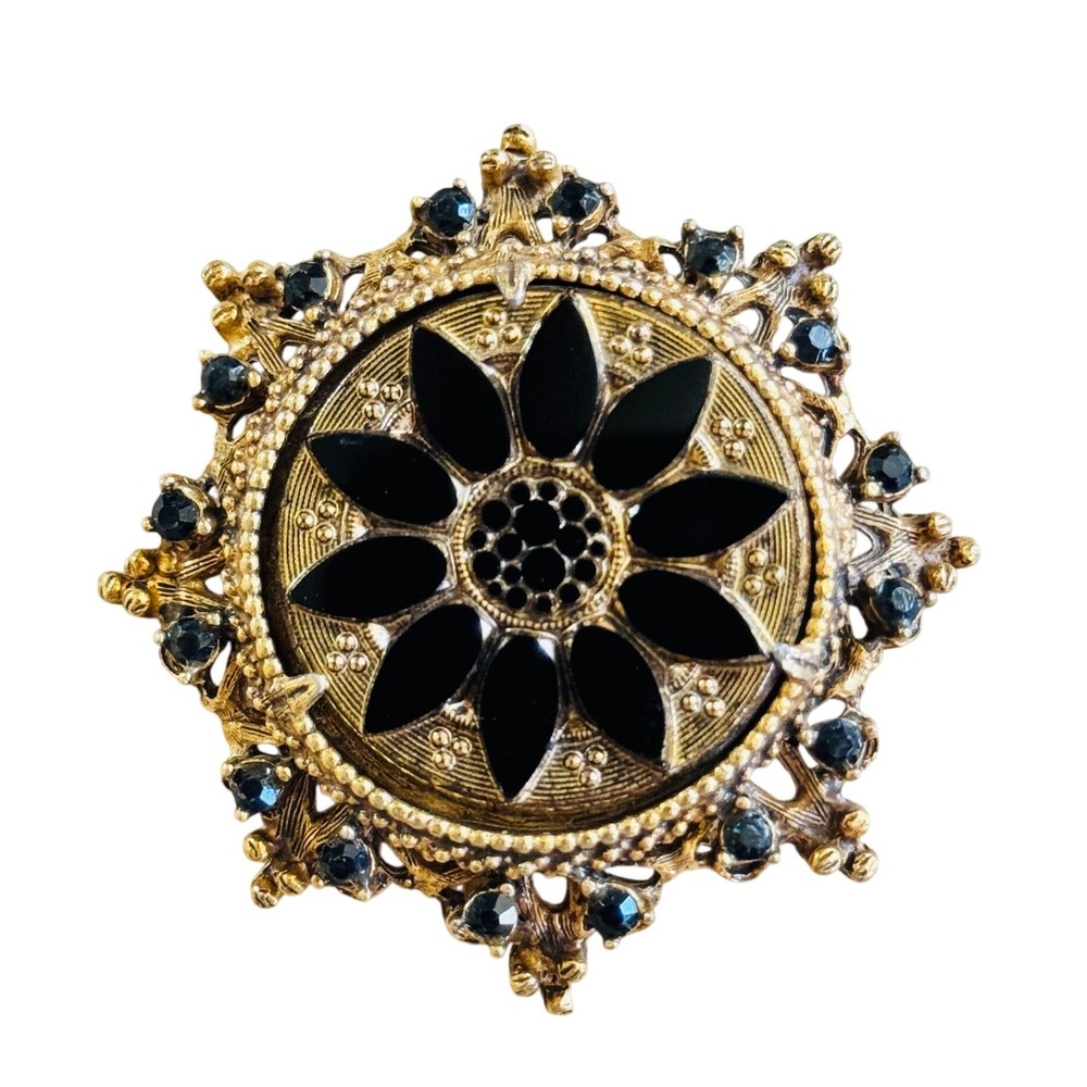 VTG Florenza Victorian Goth Revival Star Brooch Pin Signed Mourning Glass Gilt